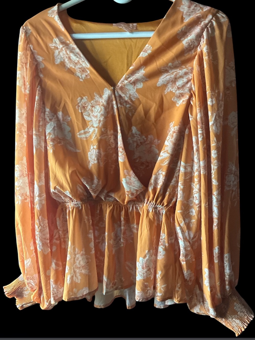Lovecolette Mustard Yellow Floral Surplice Peplum Blouse - Size L